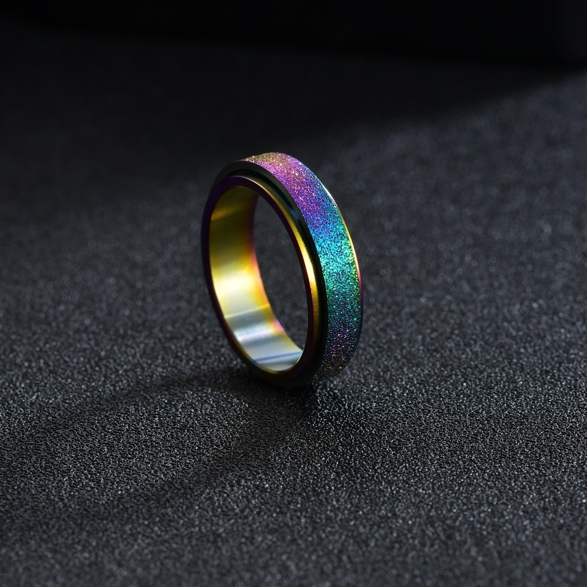 Hot Sale Stainless Steel Stress Relief Spinner Ring Rainbow Plated Frosting Anxiety Fidget Ring