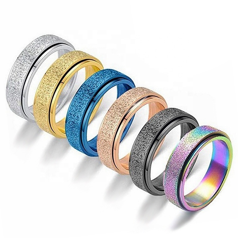 Hot Sale Stainless Steel Stress Relief Spinner Ring Rainbow Plated Frosting Anxiety Fidget Ring