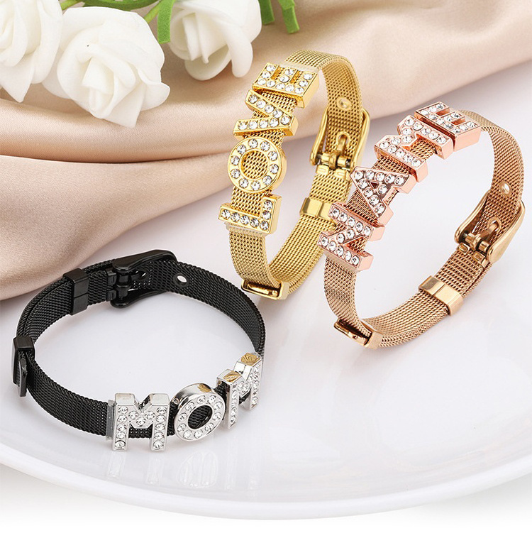 DIY Charm Initial Name Adjustable Bracelet Personalize Milanese Strap Belt Buckle Stainless Steel Mesh Bracelet Women