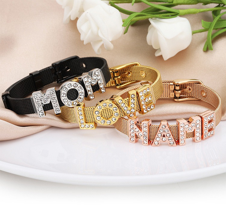 DIY Charm Initial Name Adjustable Bracelet Personalize Milanese Strap Belt Buckle Stainless Steel Mesh Bracelet Women