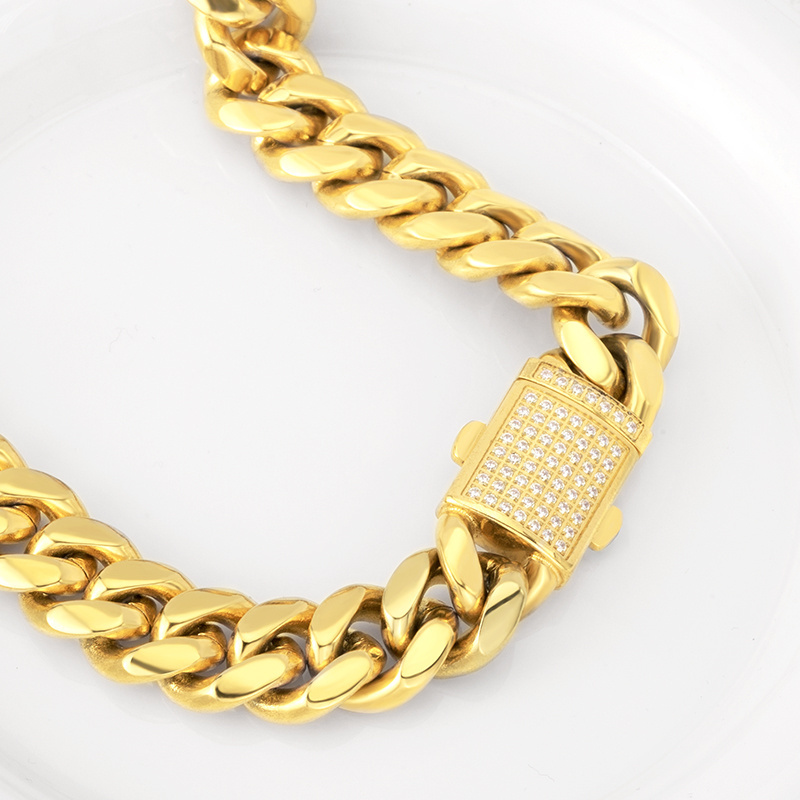 CZ Iced Out Zircon Buckle 14K 18K Gold Plated Miami Stainless Steel Cuban Link Chain Necklace Set Men Jewelry Cuban Link