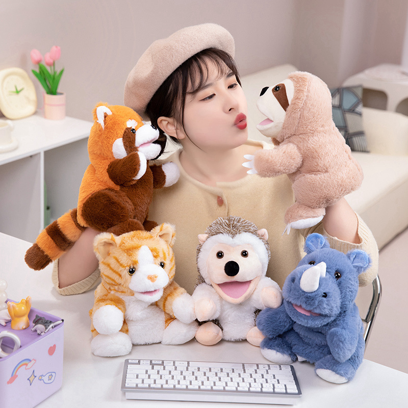 Hot Selling Stuffed Animal Hand Puppet Plush Toys Wolf Lion Panda Raccoon Hand Puppets Educational Story Doll Toy for Children