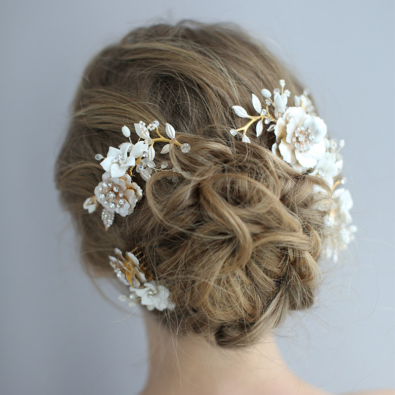 Delicate Prom Party Hair Accessories Porcelain Flower Bridal Hair Combs Pins Set Wedding Headpiece For Women Hairstyles