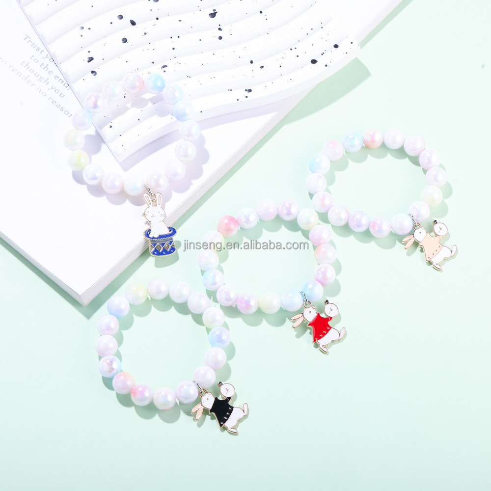 Cute Tassel Friendship Bracelets Women Exquisite Bunny Star Color Plastic Bead Bracelet Sister Easter Rabbit Gift