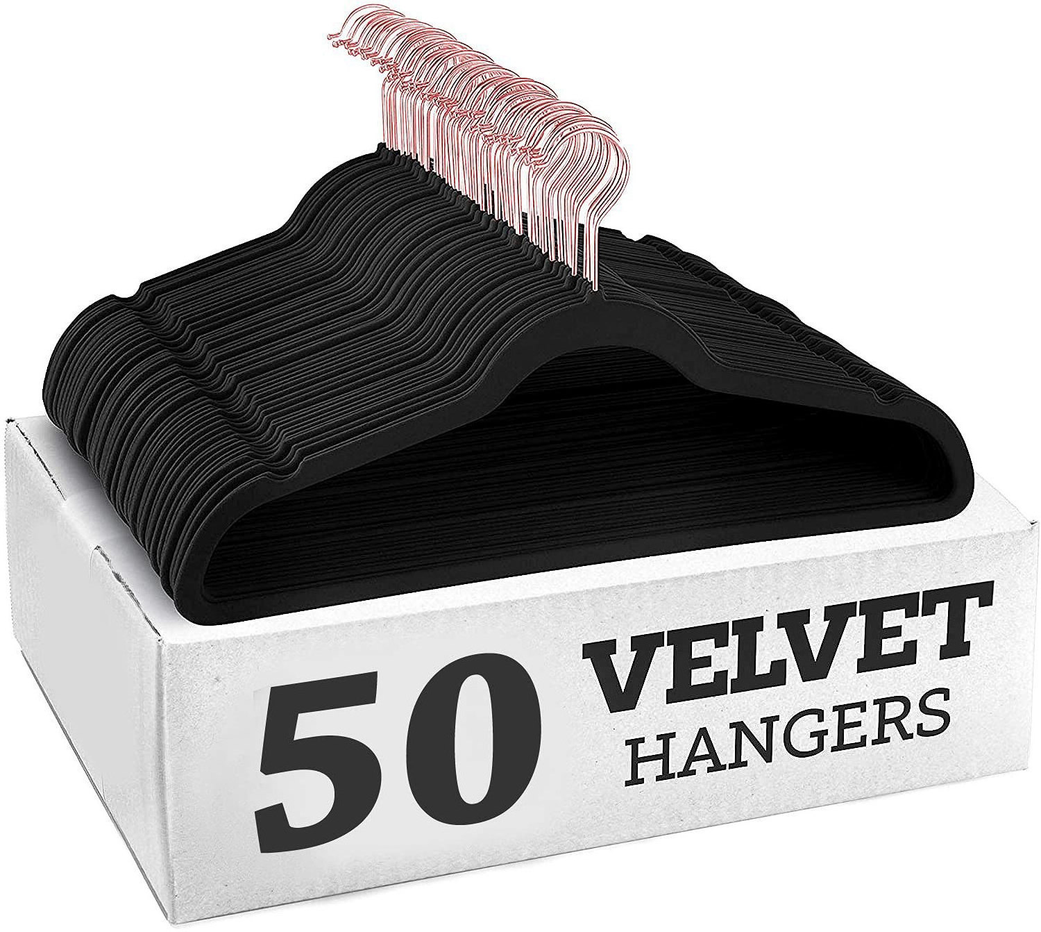 Velvet Hanger 50 Pack Space Save Non-slip Padded Rose Gold Hook Flocked White and Black Velvet Clothes Hangers