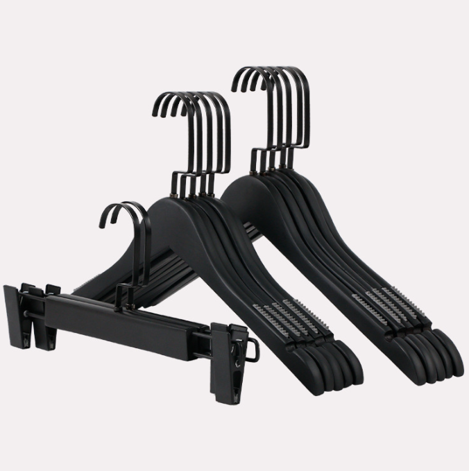 Custom Hotel Logo Black Flat Hook Wooden Clothes Suit Hangers White Pant Wood Hanger For Clothing