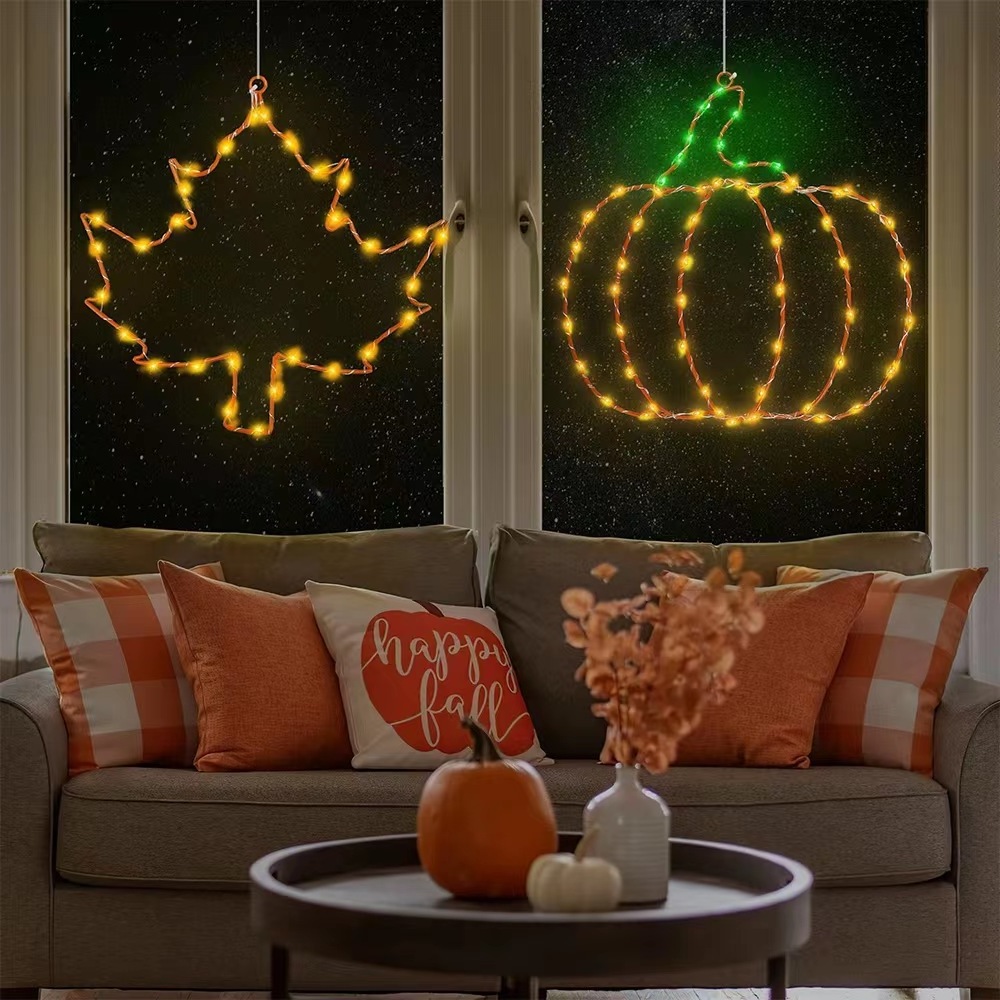 2022  waterproof copper wire led string light with maple leaf shape pumpkin shape battery box powered for garden halloween party