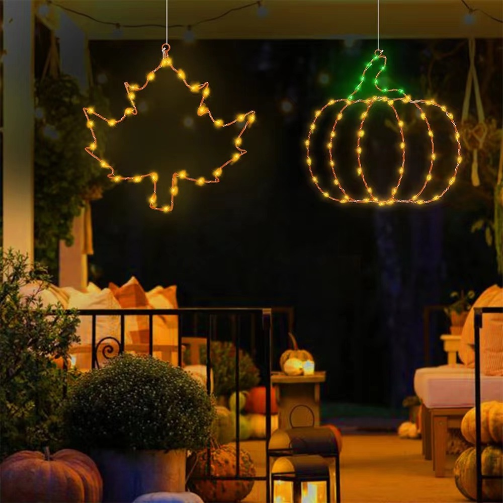 2022  waterproof copper wire led string light with maple leaf shape pumpkin shape battery box powered for garden halloween party