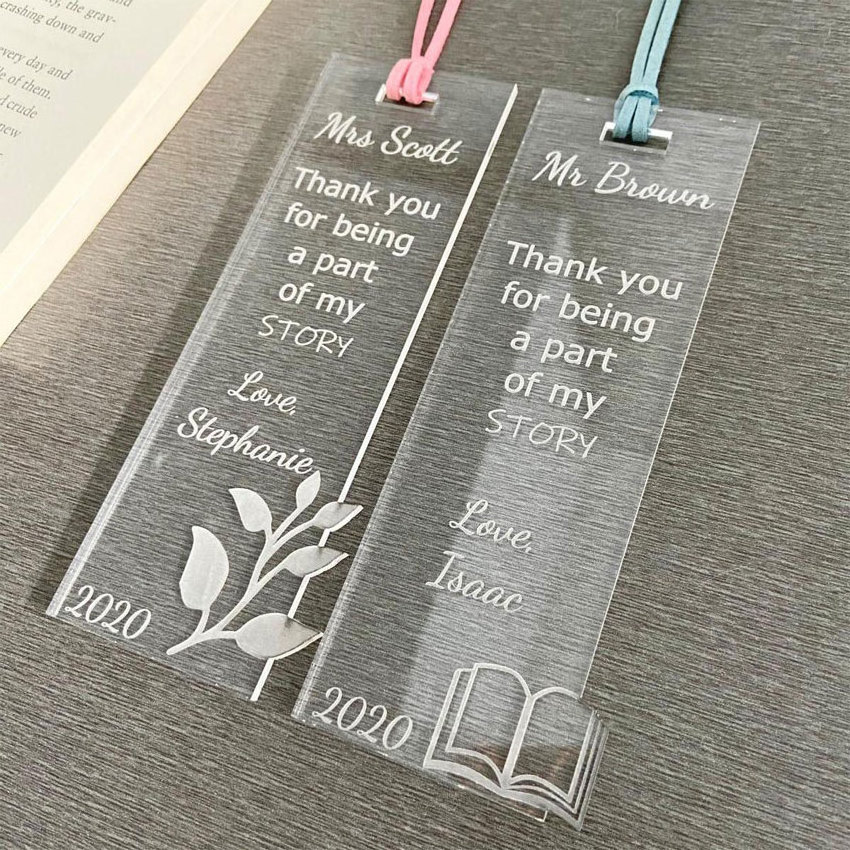 custom shape logo imprinted transparent acrylic bookmark