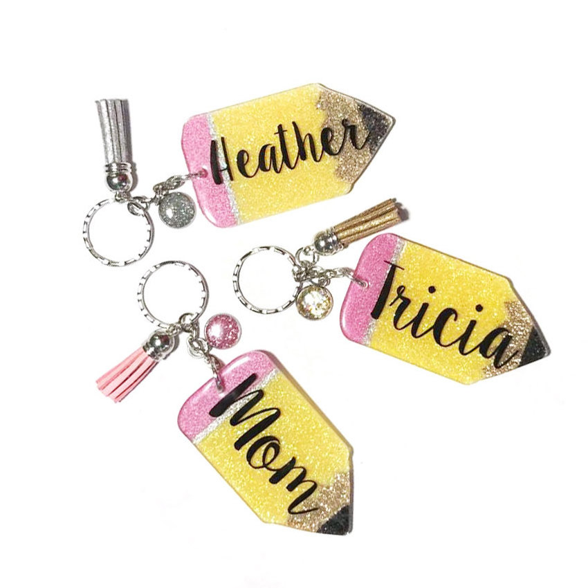 custom name printed teacher classroom gift acrylic pencil keychain