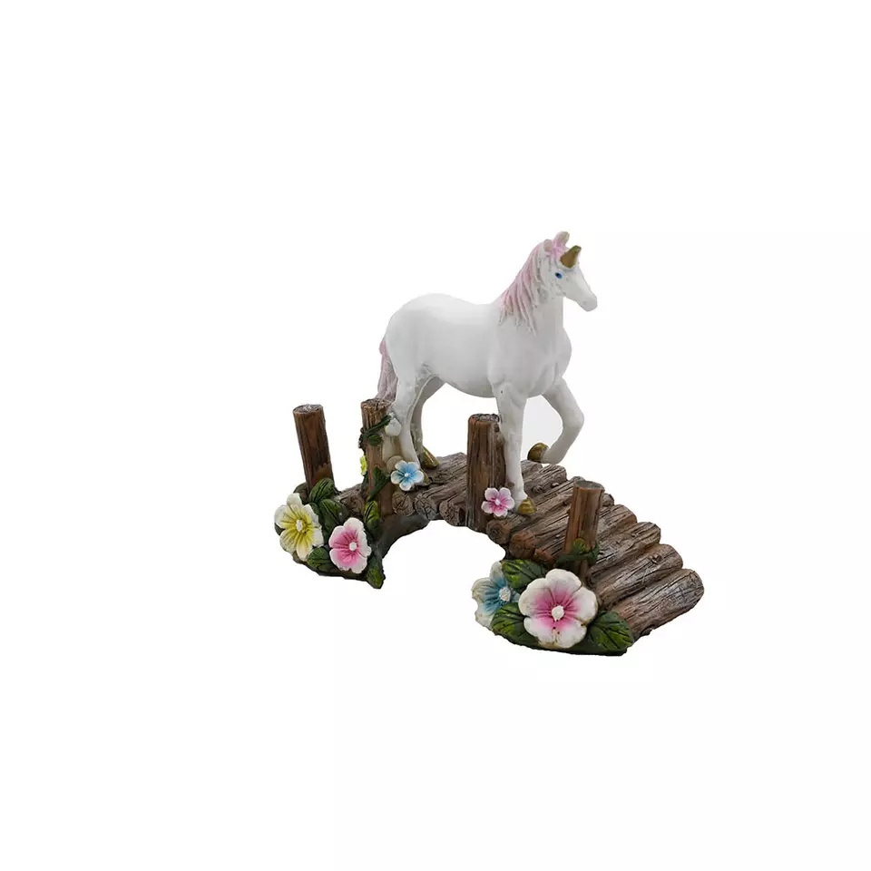 Resin Funny Figurine Standing on the Bridge Resin Unicorn Statue for Garden Decoration