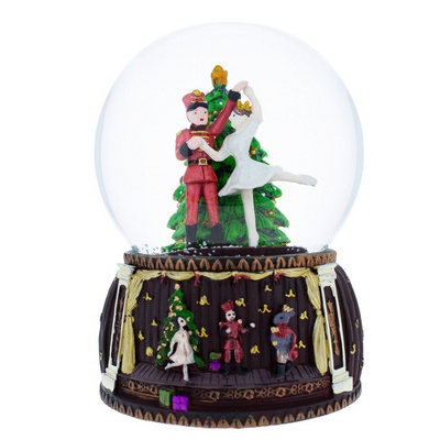 Nutcracker and Ballerina Dancing around Christmas Tree Musical Snow Globe Figurine