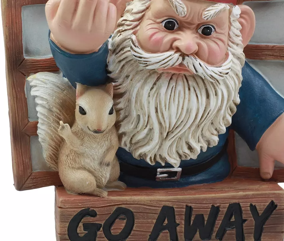 Custom Made Go Away Rude Gnome and His Squirrel at The Window Flipping Off Guests Wall Decor 9