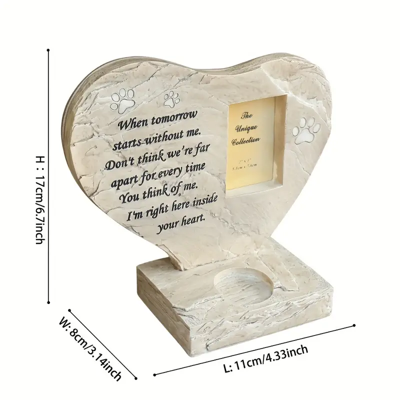 Heart Shaped Pet Memorial Stone with Paw Print, Tombstone with Customizable Photo Frame Slot