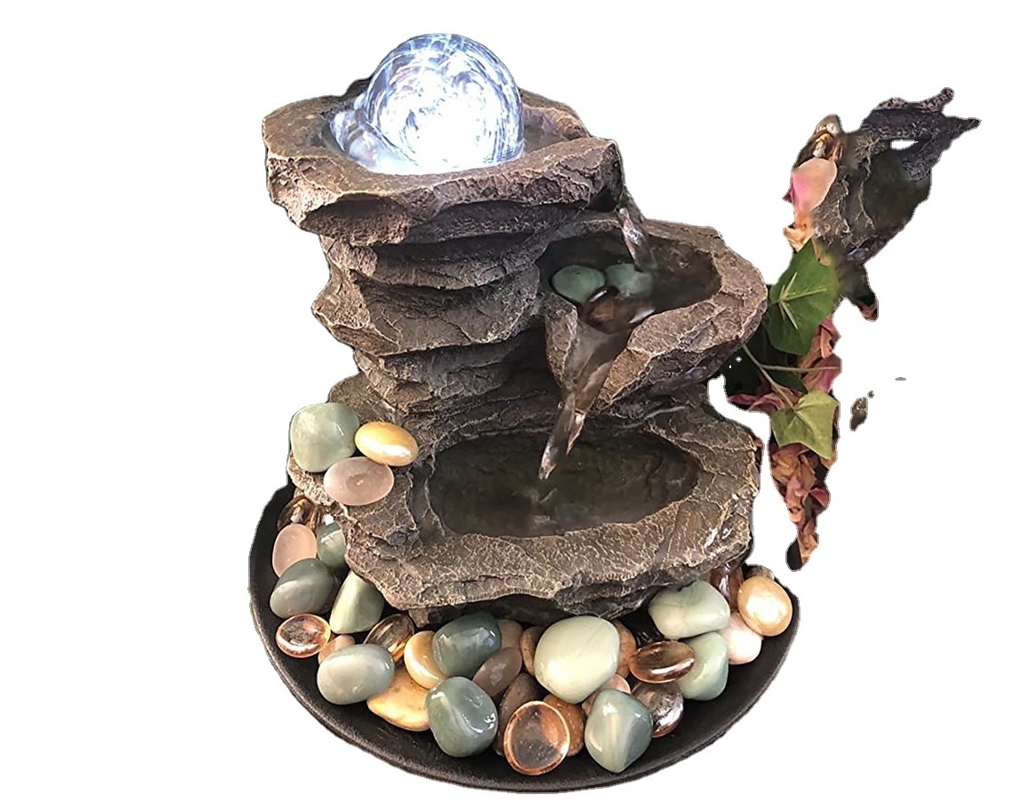 Resin Water Fountain With LED Light 4 Tiers Indoor Tabletop Sphere Fountain Waterfall Fountain For Home Office