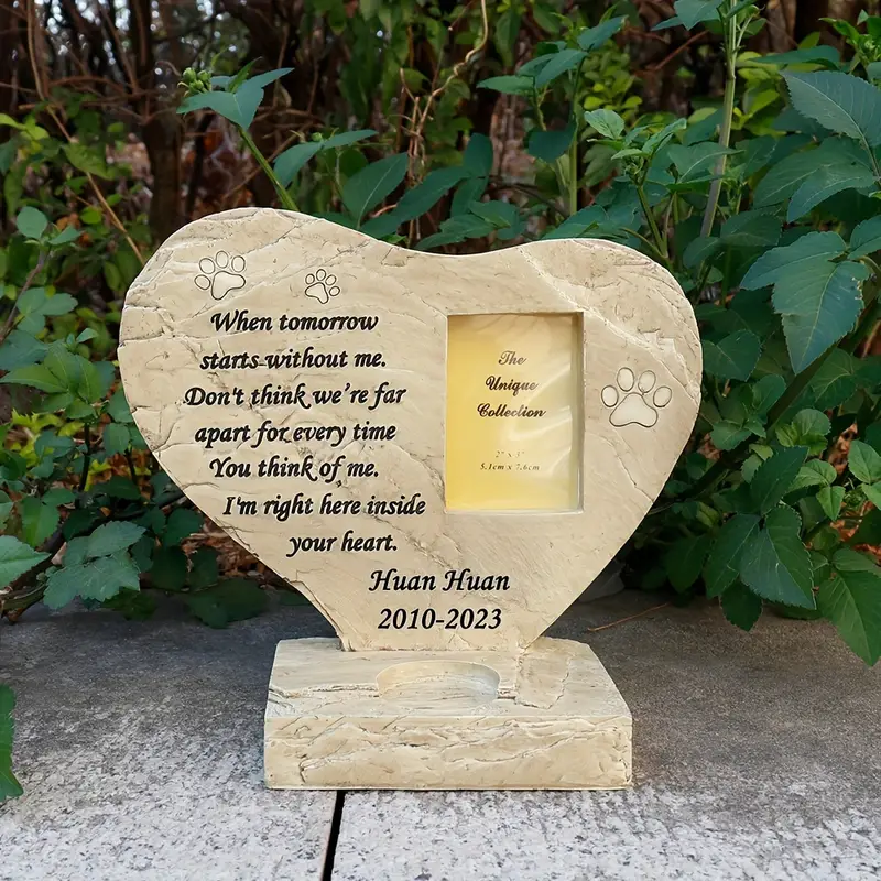 Heart Shaped Pet Memorial Stone with Paw Print, Tombstone with Customizable Photo Frame Slot