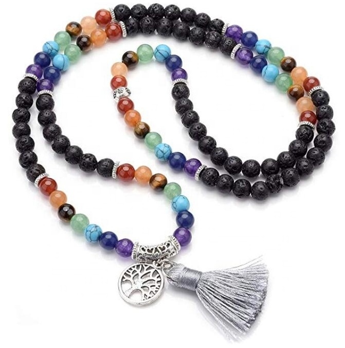 6mm Natural Volcanic Lava with Tree of Life Tassel Charm 108 Meditation Healing 7 Chakra Mala Prayer Beads Bracelet/Necklace