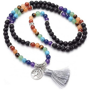 6mm Natural Volcanic Lava with Tree of Life Tassel Charm 108 Meditation Healing 7 Chakra Mala Prayer Beads Bracelet/Necklace