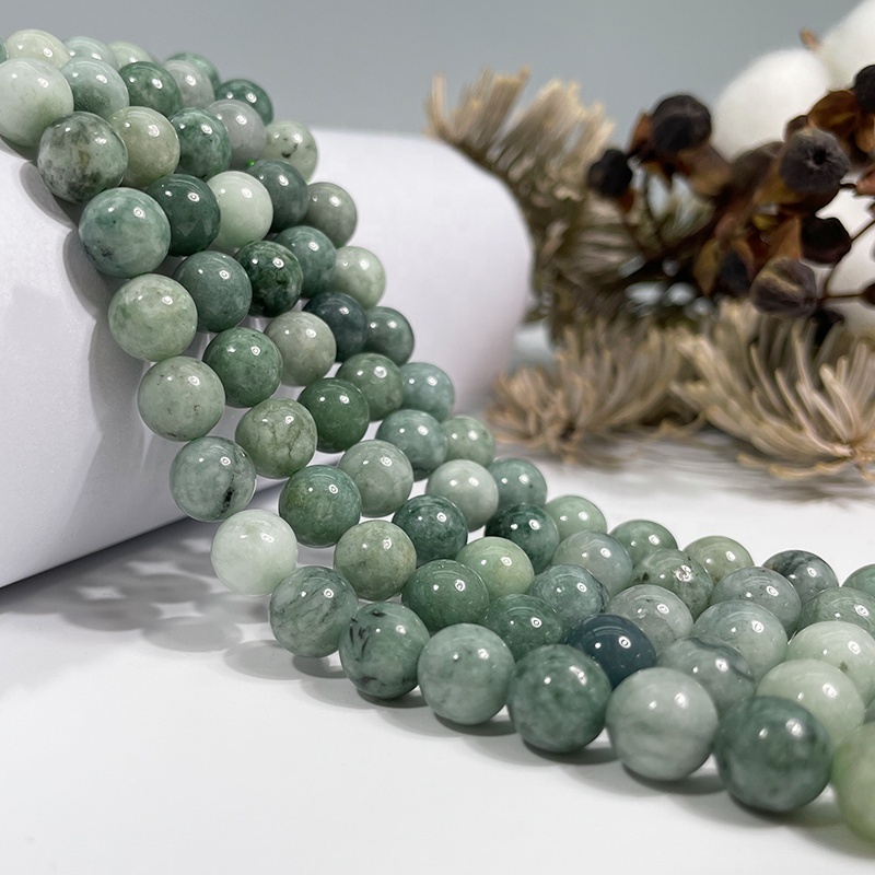 Natural Burma Jade Beads Emerald Smooth Stone Round Gemstone Loose Beads for Jewelry Making Craft