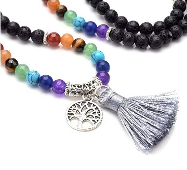 6mm Natural Volcanic Lava with Tree of Life Tassel Charm 108 Meditation Healing 7 Chakra Mala Prayer Beads Bracelet/Necklace