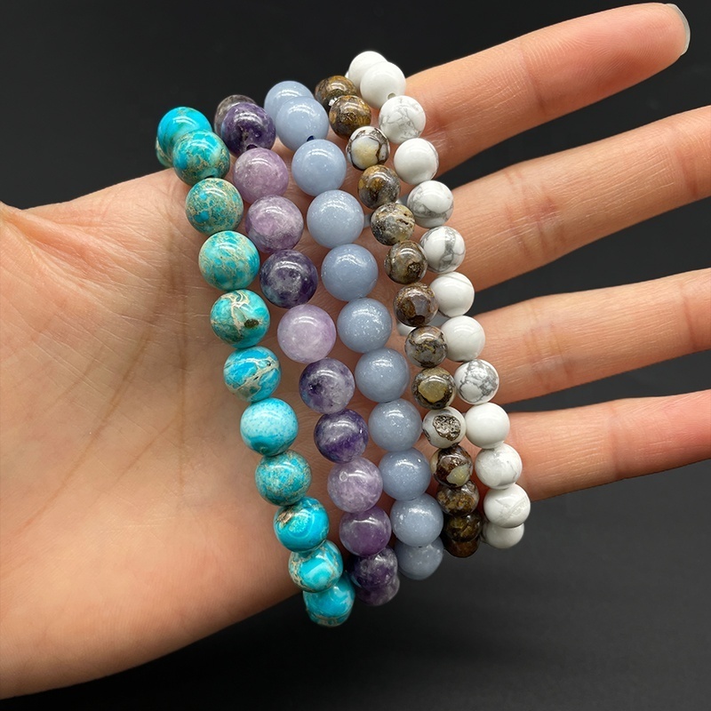 Wholesale handmade natural stretch beads Blue Angelite Brown Fire Lace Opal Howlite Imperial Jasper Lepidolite beaded bracelets