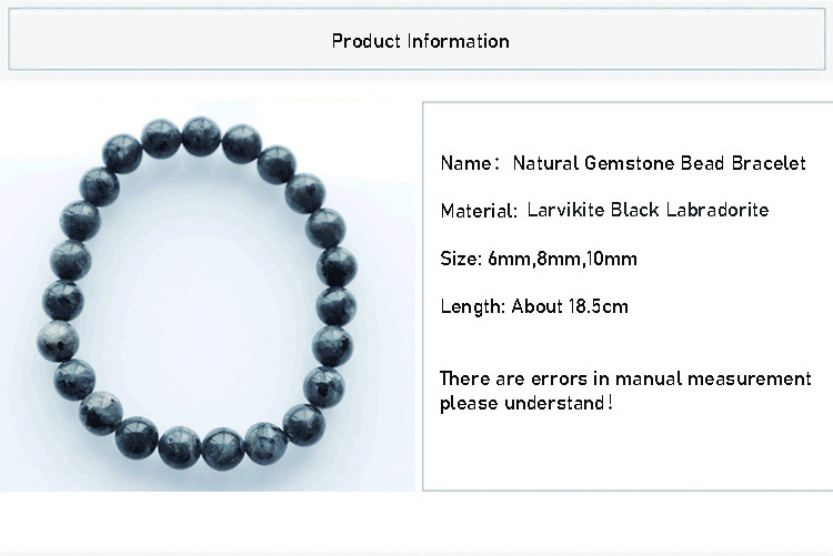 8MM Natural Larvikite Black Labradorite Stone Beads Bracelet Crystal Beaded Bracelet Unisex Stretch Bracelets