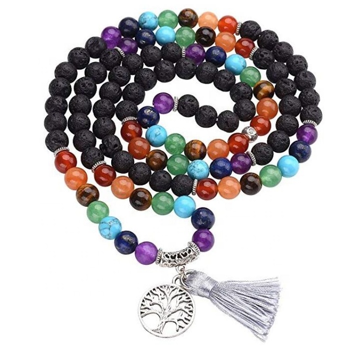 6mm Natural Volcanic Lava with Tree of Life Tassel Charm 108 Meditation Healing 7 Chakra Mala Prayer Beads Bracelet/Necklace