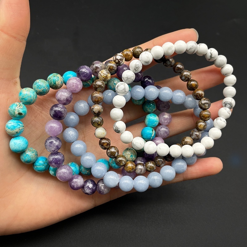 Wholesale handmade natural stretch beads Blue Angelite Brown Fire Lace Opal Howlite Imperial Jasper Lepidolite beaded bracelets