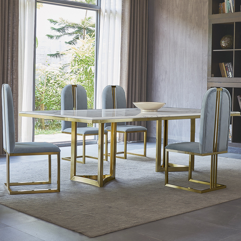 Modern Luxury golden stainless steel dining table with marble top for dining room furniture dining table set