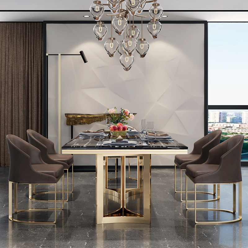 Modern Luxury golden stainless steel dining table with marble top for dining room furniture dining table set