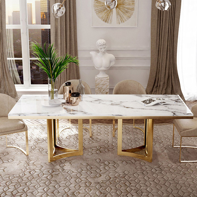 Modern Luxury golden stainless steel dining table with marble top for dining room furniture dining table set