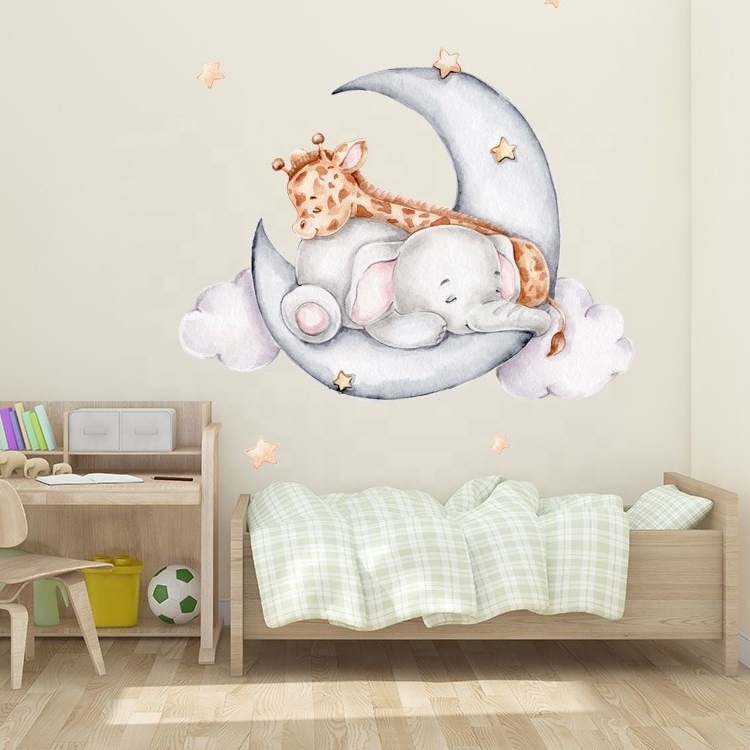 Elephant giraffe moon cloud sleeping children room wall stickers home decoration self-adhesive sticker for bedroom