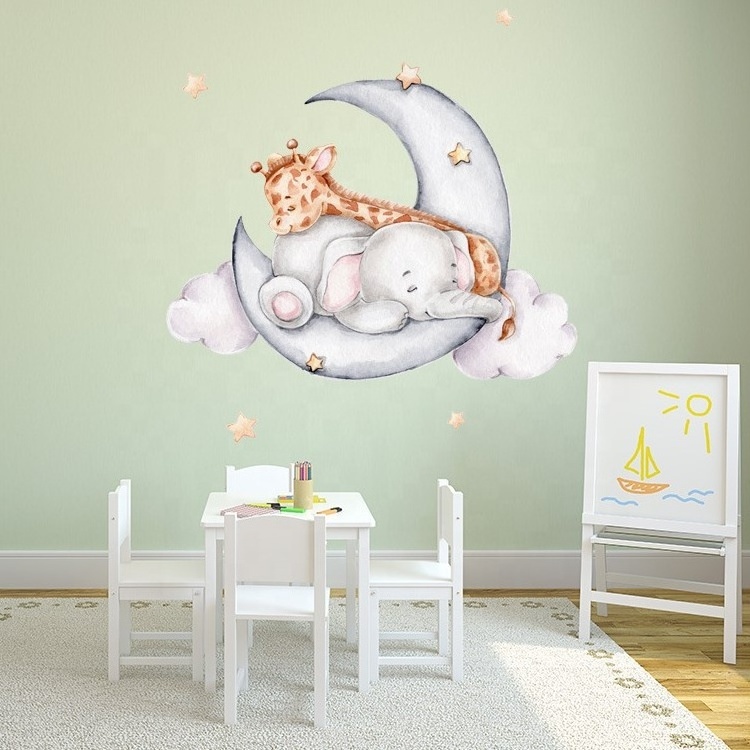 Elephant giraffe moon cloud sleeping children room wall stickers home decoration self-adhesive sticker for bedroom