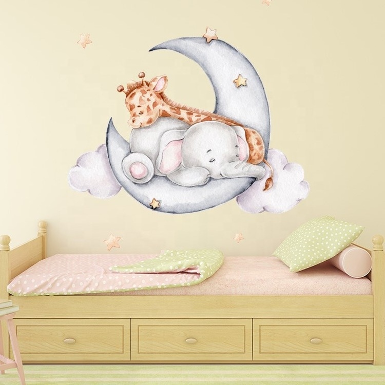 Elephant giraffe moon cloud sleeping children room wall stickers home decoration self-adhesive sticker for bedroom