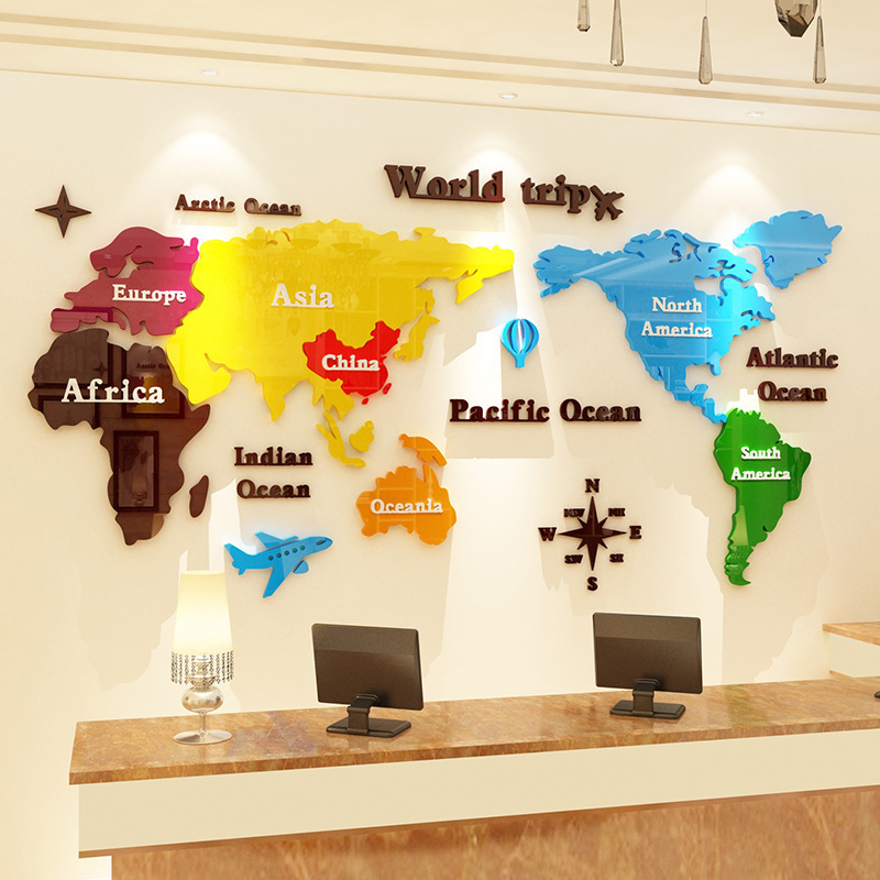 World Trip Custom Home Decoration Map Vinyl Transfer 3D Mirror Wall Sticker