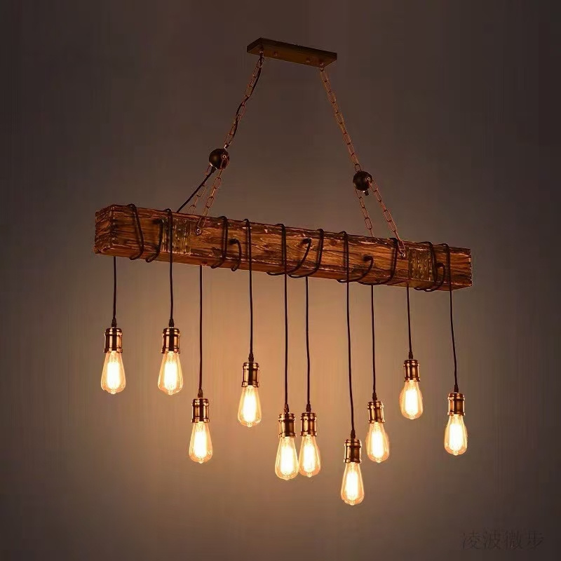 Industrial Rustic Wood Beam Linear Island Pendant Light 8-Light Chandelier Lighting Hanging Ceiling Fixture