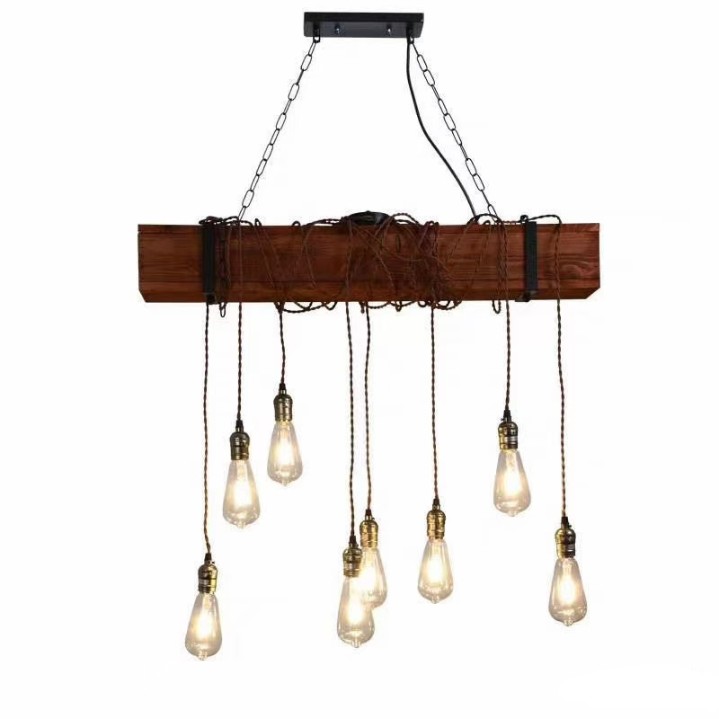 Industrial Rustic Wood Beam Linear Island Pendant Light 8-Light Chandelier Lighting Hanging Ceiling Fixture