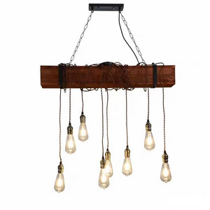 Industrial Rustic Wood Beam Linear Island Pendant Light 8-Light Chandelier Lighting Hanging Ceiling Fixture