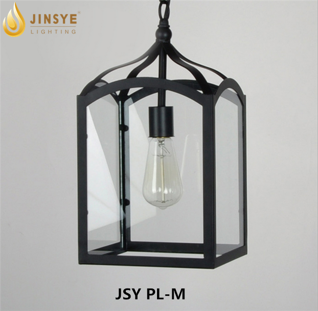 1-Light  Black Metal Cage Light Fixtures Adjustable Chain and Glass Shade Hanging Pendant Light for Farmhouse