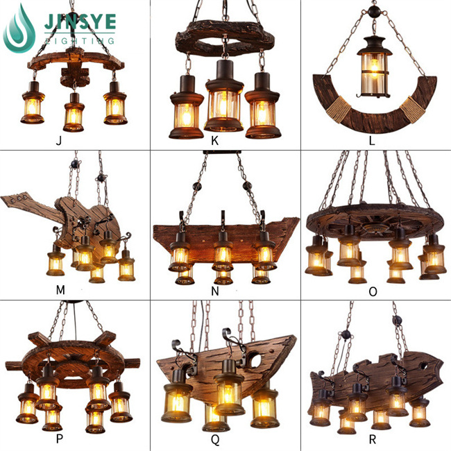 E26 E27 Vintage Industrial Retro Ceiling Wood Hanging Light Fixtures with Adjustable Metal Chain for Dining Room