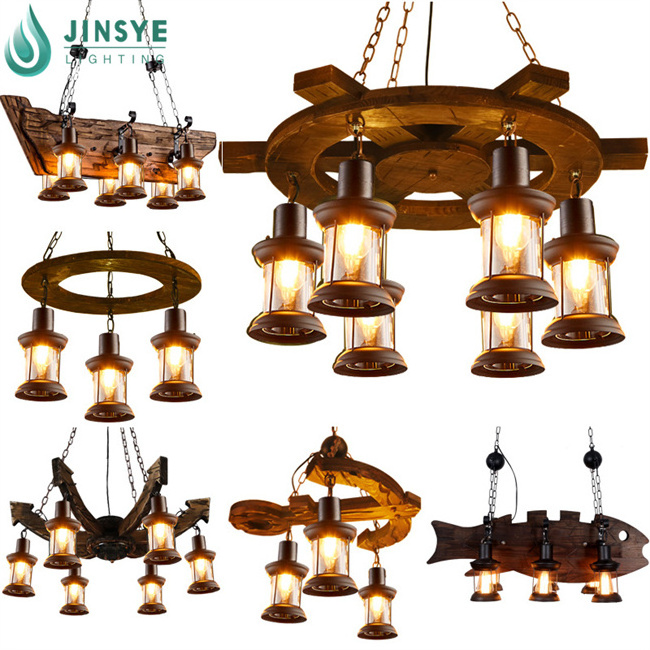 E26 E27 Vintage Industrial Retro Ceiling Wood Hanging Light Fixtures with Adjustable Metal Chain for Dining Room