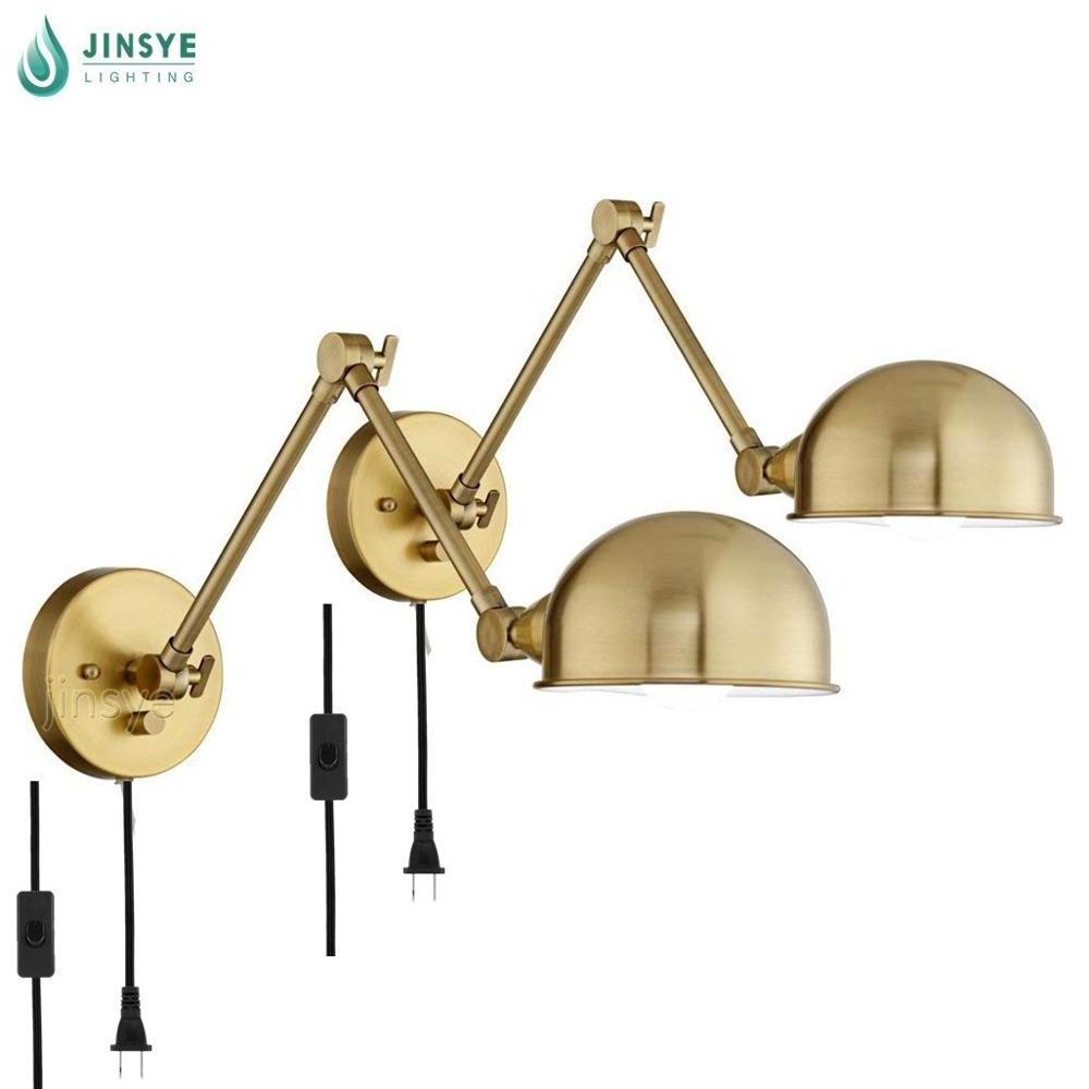 Indoor decorative Bedside lamp Rotatable Adjustable plug in cord brass Swing arm Wall lamp for living room /hotel