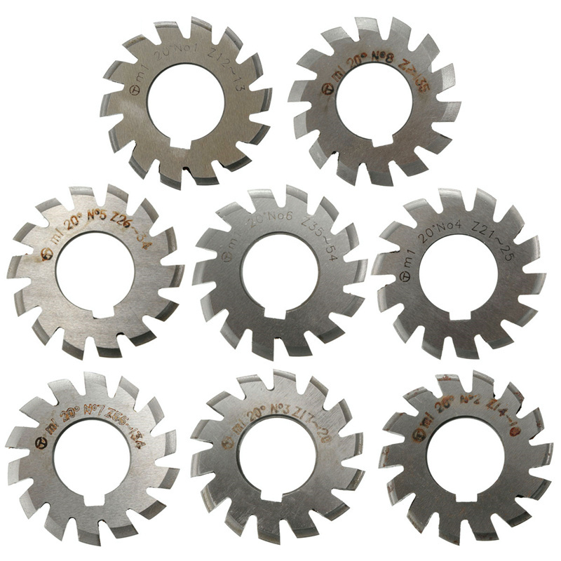 8PCS Set NO.1-NO.8 M1 M2 M3 M4 M5 M6  M8  PA20 Degrees CNC HSS module Gear Milling cutter Involute Gear Cutting Tools