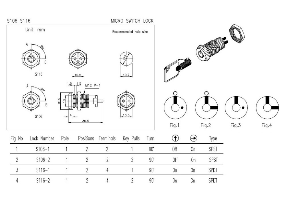 Micro key switch lock with 2 keys