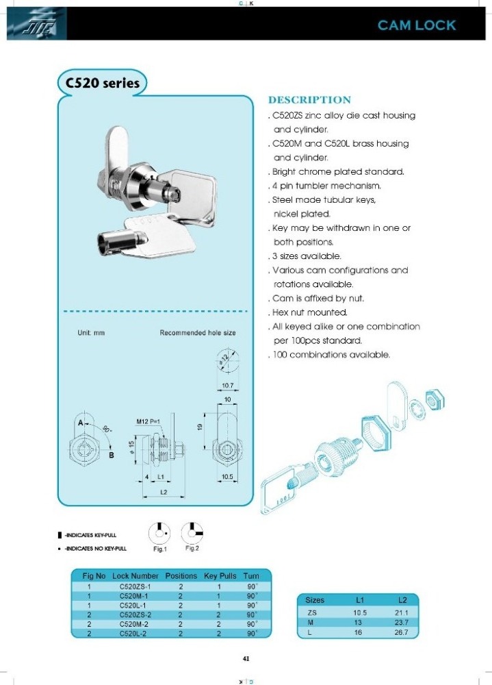 12mm Alloy Cam Lock with 2 tubular keys