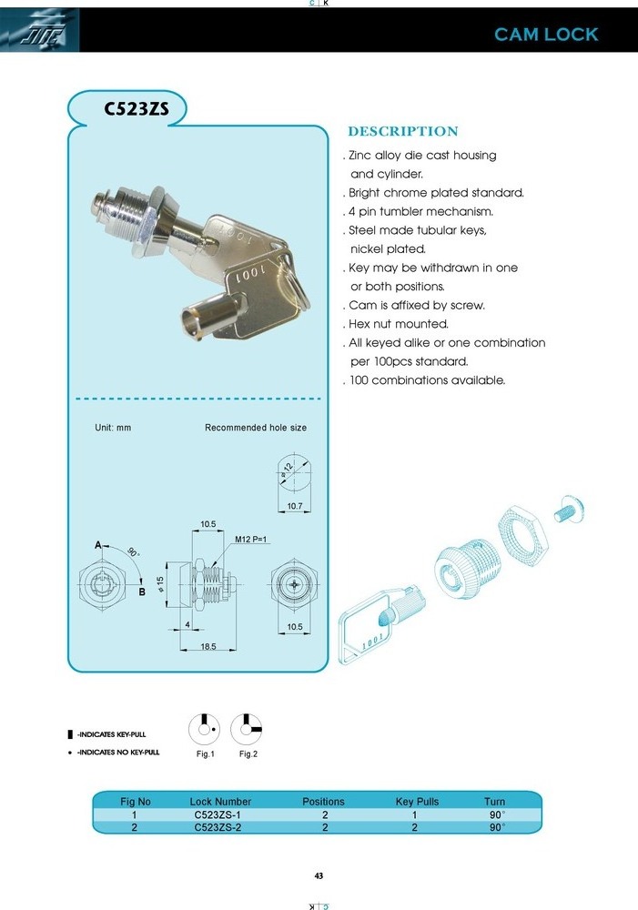 Furniture Cabinet Tubular Key Lock High Security Cabinet Lock with The Key