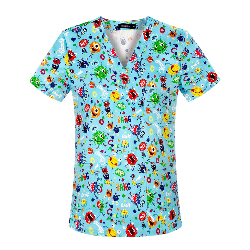 Hand scrubbing nurse women's V-neck short-sleeved T-shirt top surgical  overalls cartoon printed scrubs