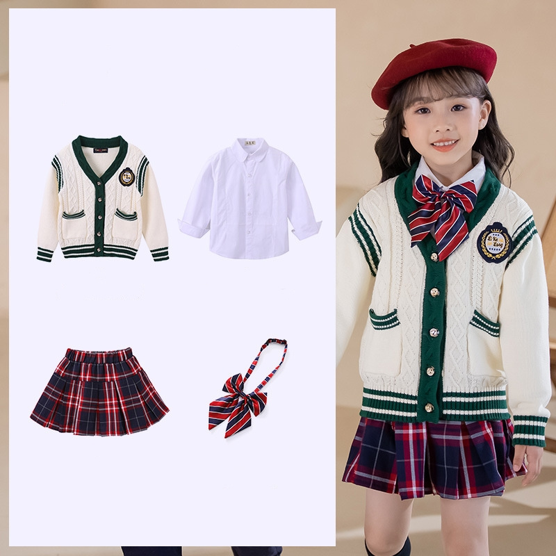 Jinteng Spring Autumn School Uniforms Primary School Students Knitted Sweater Boys Girls British Style Class three-piece set