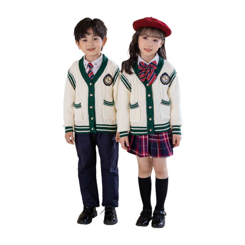 Jinteng Spring Autumn School Uniforms Primary School Students Knitted Sweater Boys Girls British Style Class three-piece set