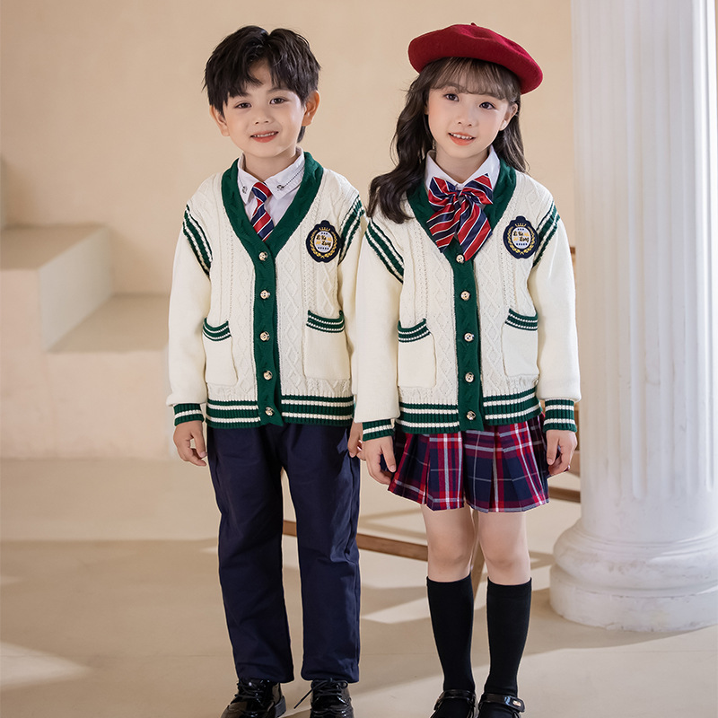 Jinteng Spring Autumn School Uniforms Primary School Students Knitted Sweater Boys Girls British Style Class three-piece set